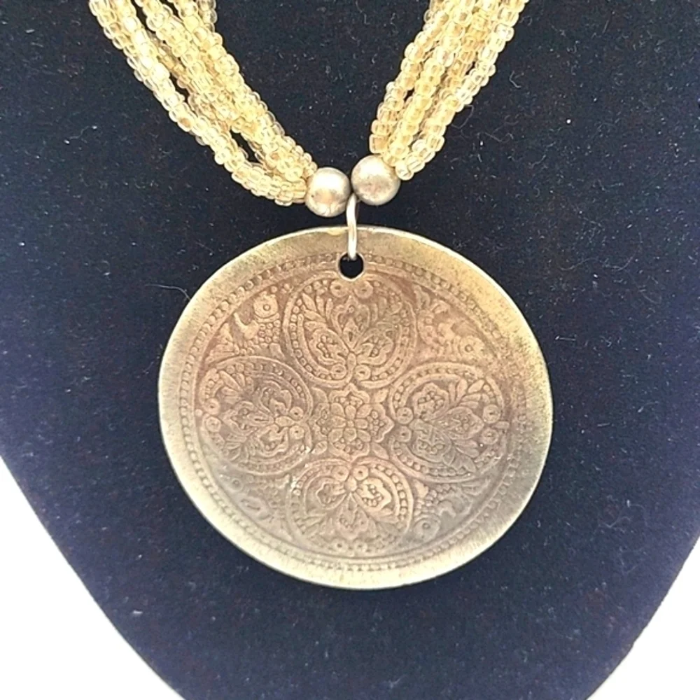 Vintage Multistrand Necklace w/  Round Western Style Silver Pendant